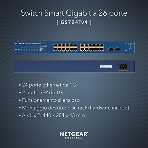 NETGEAR Switch Ethernet Smart 24 porte GS724T, Switch Gigabit con 24 da 1G, 2 SFP da 1G, Montaggio Desktop o su Rack e Assistenza Limitata a Vita