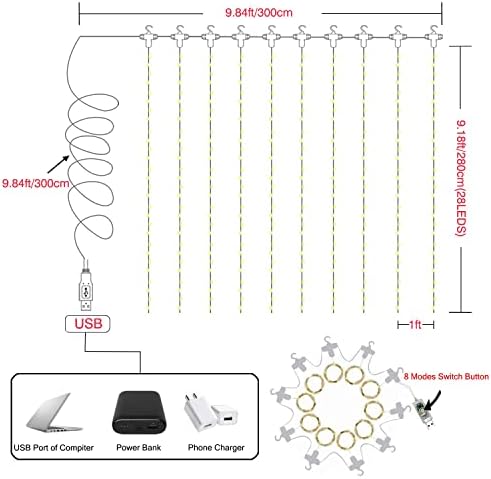 Christmas Curtain Fairy Lights Plug in 280 LED, 3mx2.8m 8 Modes Fairy Curtain Lights usb powered Curtain lights for Indoor Outdoor Wedding Party Christmas Bedroom Gazebo Decorations