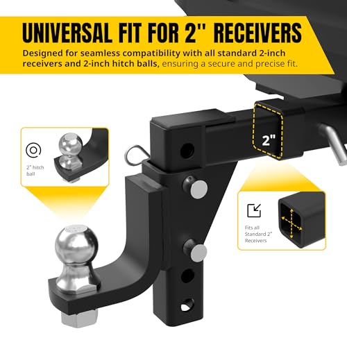 Image of MaxxHaul Adjustable Trailer Hitch Ball Mount with Locking Hitch Pin and Stabilizer, Fits 2 inch Receivers, Anti-Rattle Design with Rubber Stabilizer Pad, 7,500 lb GTW Capacity (51188)