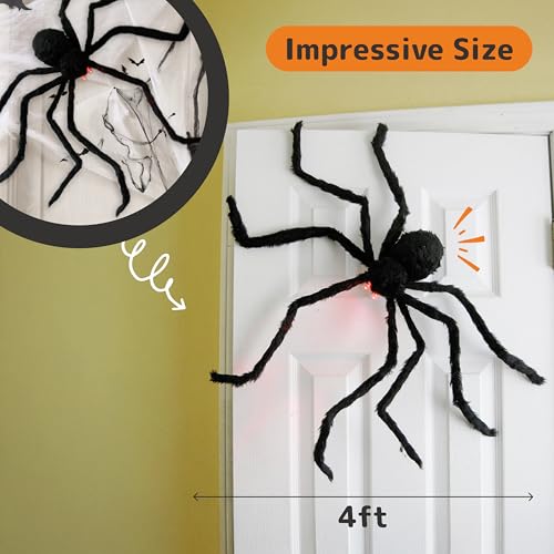 Image of PREXTEX Halloween Spider with Light Up Eyes (LED Lights) - Decorations 4 Ft Hairy Spider Prop with Giant LED Red Eyes - Halloween Decor for Indoor, Outdoor, Golf Cart, Wall - Door Hanger