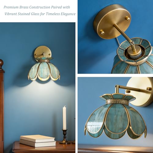 Image of Vintage Brass Ceiling Pendant Light with Stained Lotus Flower Stained Glass Shade,Oriental Hanging Lamp or Wall Sconces Dual-Purpose, for Kitchen Island Dining Room Bedroom Living Room-7.9 inch Shade
