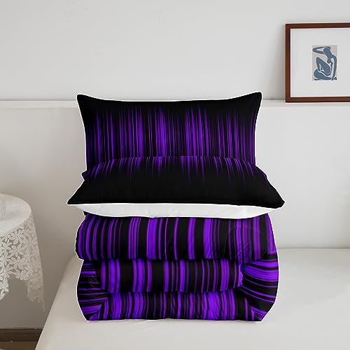 Image of Feelyou Purple and Black Comforter Queen Size for Boys Girls, Abstract Ombre Comforter Set Gradient Lines Bedding Set Purple Black Gradient Duvet Set Microfiber Quilt Set