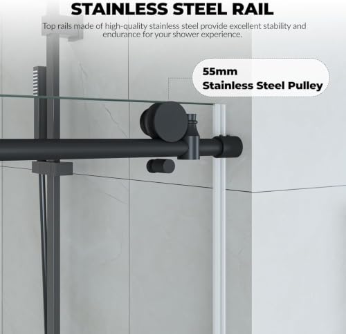 Image of 56-60 inch Frameless Sliding Shower Enclosure, 76 inch H, 8mm Glass, Matte Black | Adjustable width, clear tempered glass, for walk-in showers