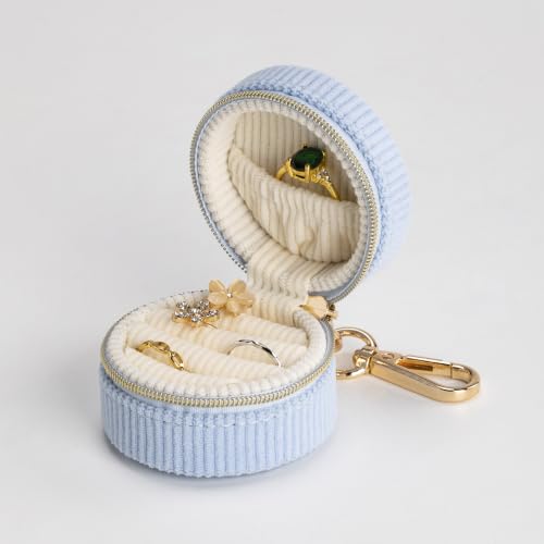 Ring Box & Holder with Keychain, Mini Velvet Jewelry Travel Case, Small Organizer for Earrings Necklaces, Engagement Wedding Couples Gift for Women Bride (Blue) - Image 3