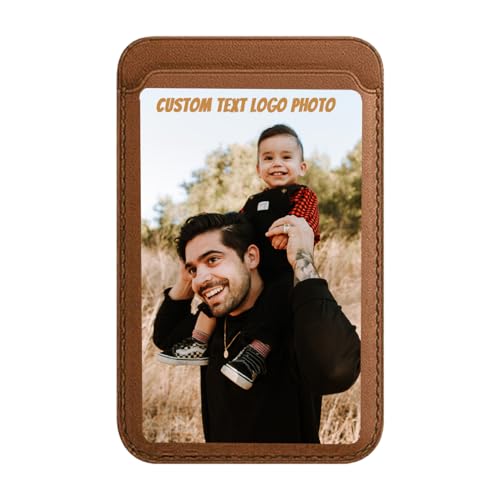 Personalize Magnetic Card Holder Wallet for iPhone 15/14/13/12 Series with Magsafe,Customize Photo Text Name Leather Wallet for Apple Pro/Pro Max/Plus/Mini Phone,for Mag-Safe Case Cover,Brown