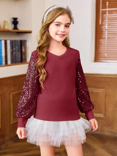 Image of Haloumoning Girls Sequin Shirts Kids Cute Long Sleeve V Neck Tops 5-14 Years