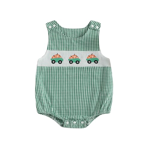 Baby Girl Pumpkin Embroidery Jumpsuit Halloween Sleeveless Round Neck Plaid Tank Romper