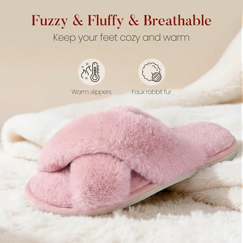 Image of Ankis Women's Fuzzy Slippers Cross Band Memory Foam Open Toe Comfy Soft House Shoes Anti-Slip Indoor Outdoor Gifts for Women
