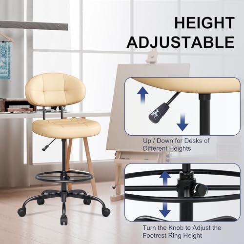 Image of Misolant Drafting Chair Without Arms, Tall Office Chair with Footrest Ring for Standing Desk, Small Faux Leather Executive Office Chair with Adjustable Height for Bar Lab Counter Height Desk, Khaki