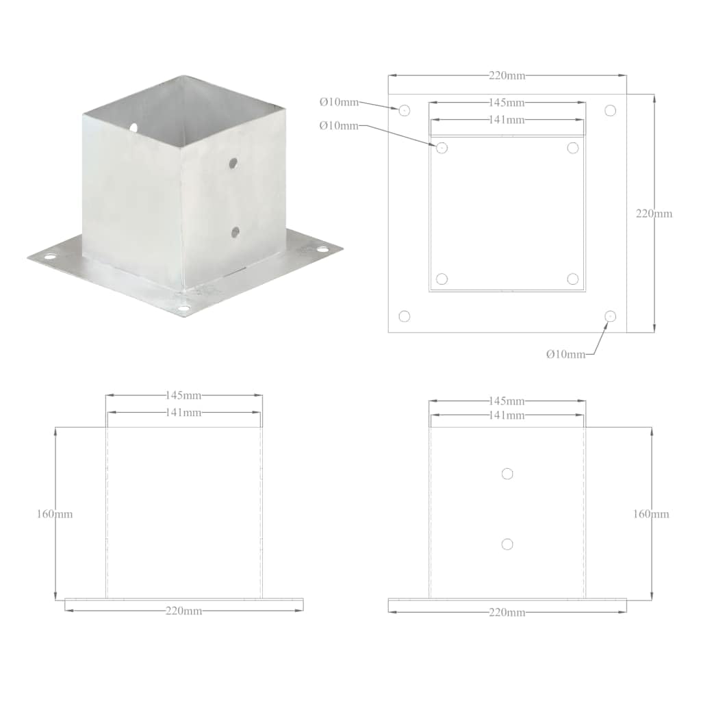 Mangloder - Anclaje de poste de metal galvanizado de 141 mm para tubos cuadrados, 4 unidades, para fijación de postes de vallas, soporte para jardín, terraza, exterior, madera y metal