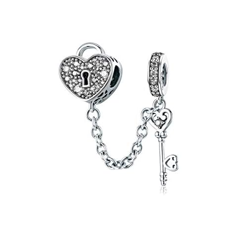 WOSTU 925 Sterling Silver Charms for Bracelets Key Love Heart Cubic Zirconia Bead Charm for Women Cover