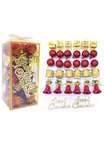 Christbaumschmuck Christbaumkugeln Set Trommelglocke Weihnachtsanhänger Geschenkbox für Zuhause Urlaub Party Hochzeit 40mm 32Pcs/Box (Rot und Gold) Cover