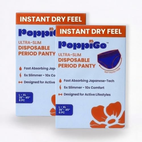 Image of Poppigo Ultra-Slim Disposable Period Panty for Women & Girls | (L-XL) |12 Pcs (6Pc x 2Packs) | 35 inch-45 inch Inches | Slim Like Underwear | Leak-Proof | Soft Breathable | Comfort for Travel, Sleep & Active days.