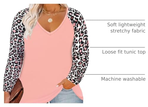 Image of TIYOMI Plus Size Tops for Women Raglan Long Sleeve V Neck T Shirts Casual Color Block Leopard /Floral Tops Winter Tee Shirt