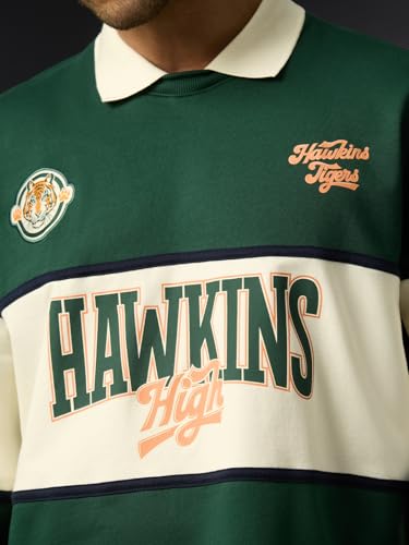 Image of The Souled Store Stranger Things: Hawkins High Men and Boys Long Sleeve Spread Collar Dark Green Graphic Printed Casual Lightweight Drop Shoulder Streetwear Cotton Oversized Polos