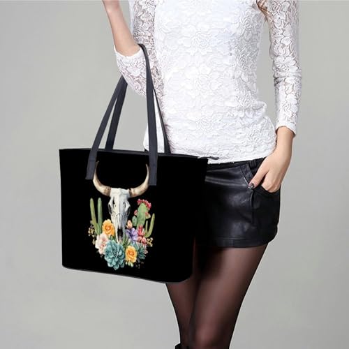 Cow Skull Cacti And Succulents Women's Leather Handbag Shoulder Bag Tote Purse Bags for Shopping Travel 6