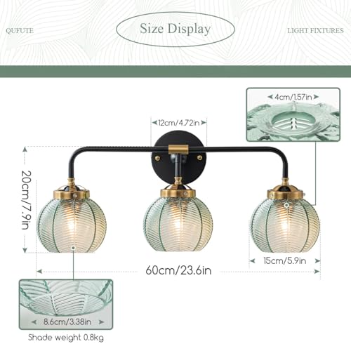Image of 3 Light Bathroom Vanity Light Fixture, Modern Glass Globe Wall Sconce with Ribbed Green Shade, Vintage Wall Lamp for Over Mirror, Bedroom, Hallway, Living Room, 23.6x7.9 inches