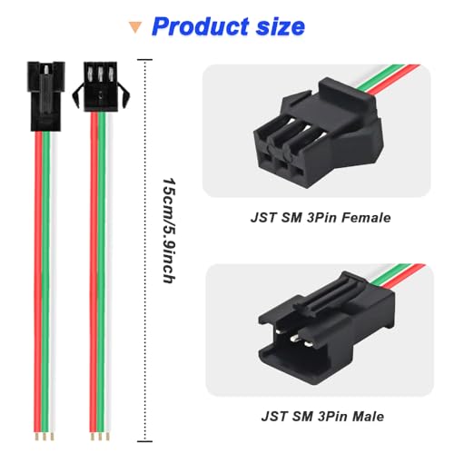 JST SM 3-Pin Steckverbinder-Set – 60 Stück LED Kabeladapter Für WS2812B, WS2812, WS2811, 22 AWG, Offene Drähte