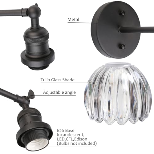 Image of Pathson Adjustable Wall Sconce Lamp with Tulip Thick Glass, Hardwired Bathroom Sconce Matte Black Wall Vanity Light Fixture for Living Room Farmhouse Bedside Lighting