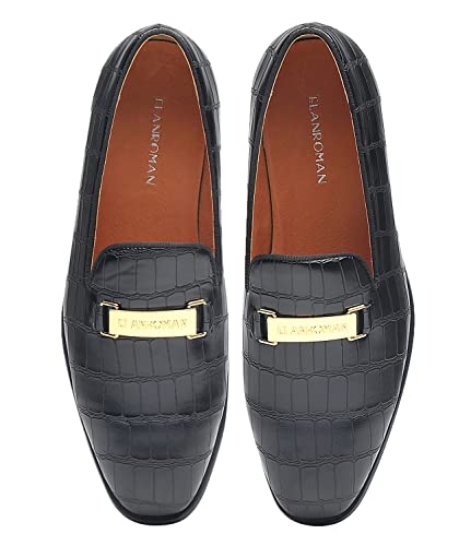 Elanroman Men's Loafers Black Gold Buckle Fashion Luxury Emboss Leather Penny Party Wedding Prom Shoes Us 10 Eur 44 Feet Lenght 295Mm #TOP1