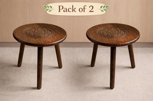Image of Wooden Three Legs Round Coffee Table and Side Table with Pillars for Plant Holder Natural Plants, Books, and Magazines in Compact Spaces (Pack of 2- Combo)