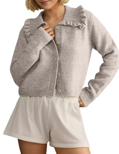 Womens Ruffle Collar Cardigan Sweater Button Up Open Front Fall Knit Jackets Cute Long Sleeve Button Down Cardigans