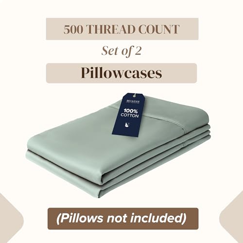Image of Beckham Hotel Collection Pillowcases Queen Size Set of 2, Cool Touch Cotton Sateen Fabric, 500TC, Silky Smooth & Soft, Open End, Aqua Gray