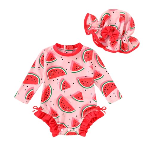 Image of Infant Baby Swimsuit Girl Long Sleeve UPF 50+ Sun Protection One-Piece Rash Guard with Hat Zipper Bathing Suit