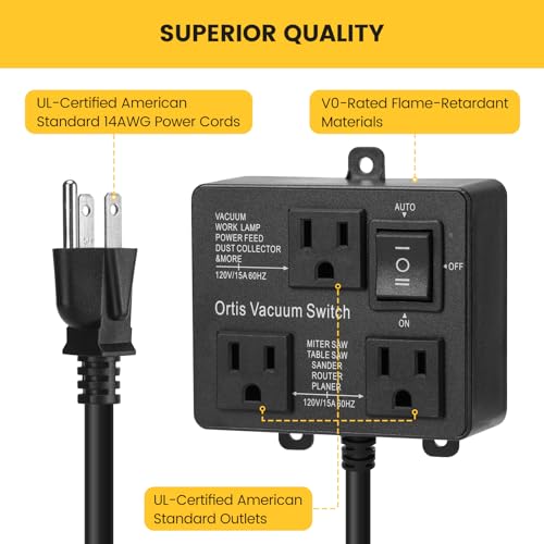 Image of Automatic Vacuum Switch, Ortis Vacuum Switch for More Power Tools, Delay Vacuum On /Off to Prevent Circuit Overload and Tripping, Keep Your Workplace Cleaner, Better for Your Lung, Black