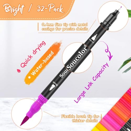 Image of Soucolor 24 Dual Tip Brush Markers,Water-Based Art Pens,for Coloring Books | 24 Vibrant Water-Based Colors,Brush + Fine Tip,Color-Coded,Plastic Case,Lettering,Coloring Books,Kids &Adults.
