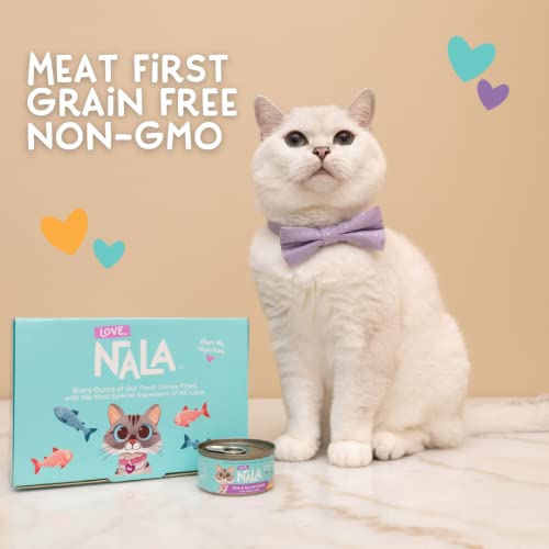 Image of LOVE, NALA - Natural Adult Cat Wet Food - FLAKED Tuna and Salmon in Broth- Grain Free, Non-GMO, Lean Protein, Omega 3, Added Minerals & Vitamins - 12 Pack 2.4 lbs.