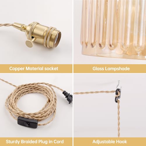 Image of Shenmoyl Plug in Pendant Light Hanging Light Fixtures with Plugin Cord On /Off Switch,Amber Striped Glass Lampshade Brass Pendant Light