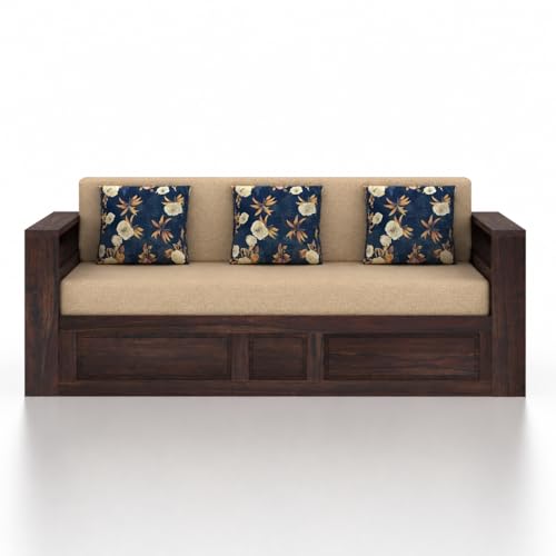 Image of Ganpati Arts Solid Sheesham Wood 3 Seater Lurid Sofa Cum Bed with Side Pocket for Living Room Bed Room | Wooden Bedroom Furniture for Home (Walnut Finish)