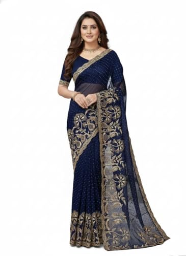 Image of M /S Sarvdhya Enterprises Women's Premium Heavy Work Georgette Saree with Unstitched Blouse Piece (Navy Blue)