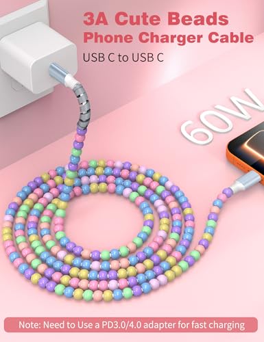 Image of USB C to USB C Cable 1FT,60W Fast Charging Beaded Charger Cord 30CM for iPhone 17 16 15 Pro Max /iPad Air 11 10th for Samsung S26 S25 S24 Ultra S23 A16 A17 /Android Phone Charger Cord Cute Girls Women