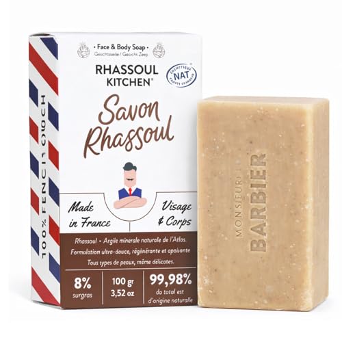 Savon solide artisanal au Rhassoul de Monsieur BARBIER | Visage & Peau | Français, naturel et végan | Purifie et détoxifie | À base d'Argile Rhassoul, de...