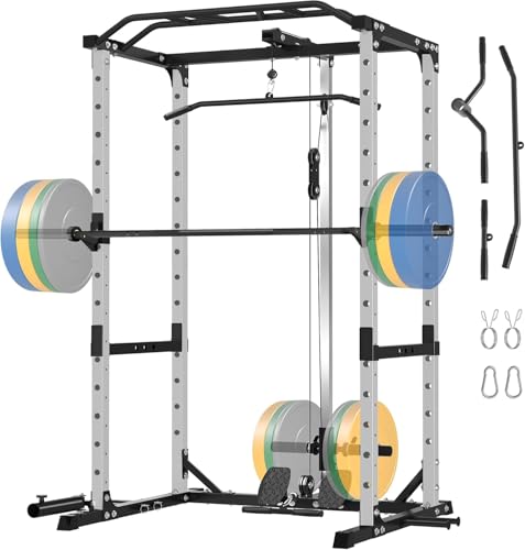 MEGASTAR Power Cage, 1600LB Power Rack with LAT Pulldown System, 8+ Training Attachments, Multi-Function Squat Rack with 30mm Multi-Grip Pull-Up Bar, Gray, P30