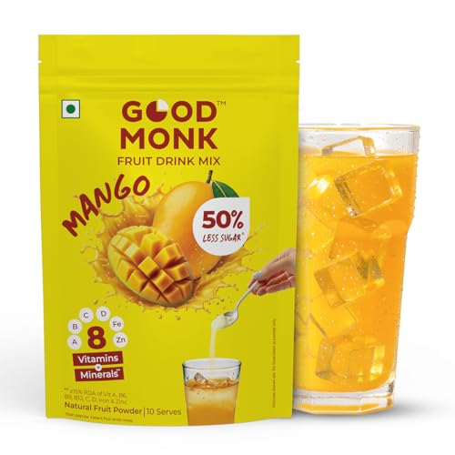 Good Monk Fruit Drink Mix (Natural Mango) - 50% Less Sugar, 8 Vitamins & Minerals for Instant Hydration, Nutrition & Energy | Mango Flavor Juice Powder | Summer Drink for Kids, Men & Women | 10 Serves