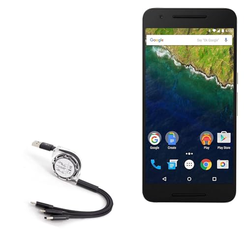 BoxWave Cable Compatible with Google Nexus 6P - AllCharge miniSync, Retractable, Portable USB Cable - Jet Black