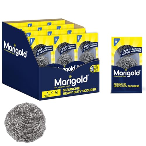 Marigold Scrunchie Stainless Steel Scourers - Heavy Duty Metal Scourer - Case Pack of 12 x 3 Packs - 36 Scouring Pads