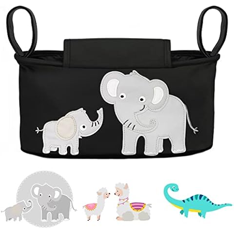 GLÜCKSWOLKE Kinderwagen Organizer - 12 Motive I Kinderwagentasche verschließbar I Kinder Buggy Tasche mit Feuchttuchspender I Baby Stroller Bag Black I Aufbewahrungstasche (Emil Elefant I schwarz) Cover
