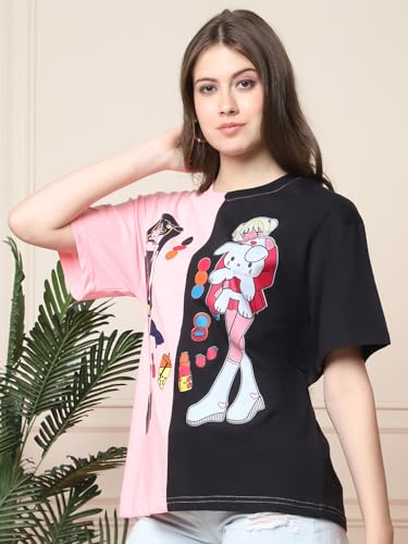 Image of Fabflee Oversized Cotton Baggy Drop Shoulder Graphic Tee with Half Sleeves | Korean Casual Loose T-Shirt for Women