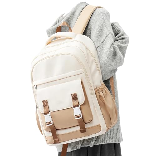 Lendolk College-Rucksack für Damen und Herren, leichte Schultasche, Schulrucksack, niedliche Büchertasche, Beige mit Khaki