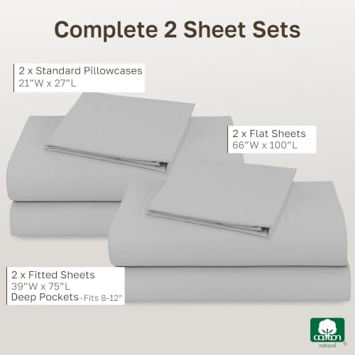 Image of California Design Den 100% Cotton Pack of 2 Twin Size Bed Sheets, Soft & Durable Twin Sheet Set Cotton with 12 inch Pockets, Twin Sheet Set with Sateen Sheets (Light Grey)