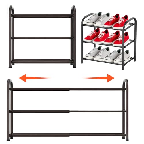 WEELOO Expandable Shoe Rack，Adjustable and Retractable Metal Shoe Shelf, Shoe Storage Independent Racks Save Space for Living Rooms Bedrooms Closets and Porches (3 Tier)