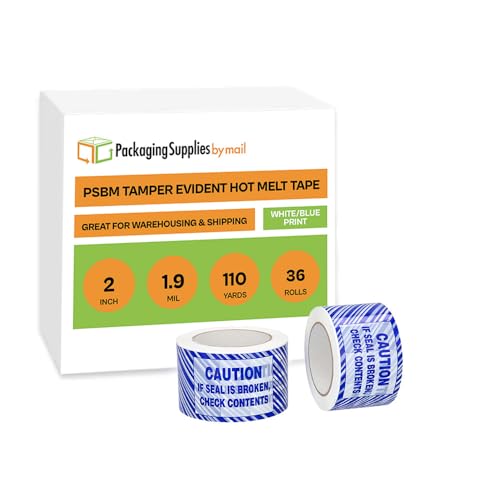 PSBM Broken Seal Tape, 2 Inch x 110 Yards, 36 Pack, Caution If Seal is Broken Check Contents in Blue Letters on White and Blue Striped Tamper Evident Tape