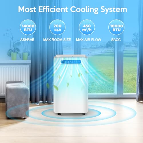 portable air conditioners 14000btu with remote control 3-in-1 free stand smart cooling portable ac unit with dehumidifier fan cools room up to 700 sqft auto swing24h timer windows kit