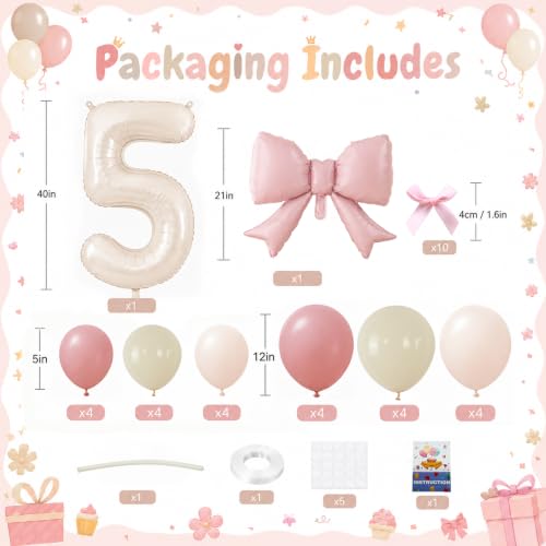 Image of 40 Inch Pink Beige Number 5 Balloon Tower with Bow 5th Birthday Decorations