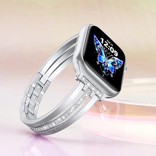 Image of AIRSPO Slim Silver Band Compatible with Apple Watch 42mm /44mm /45mm /46mm Women Thin Metal Strap Dressy Jewelry Bracelet with Diamond for iWatch Bands Series 10 /9 /8 /7 /6 /5 /4 /3 SE