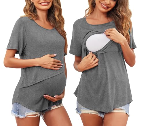 Image of Ekouaer Women Short Sleeve Nursing Shirts Soft Maternity Tops Double Layer Breastfeeding Blouse Round Neck Pregnancy Clothes